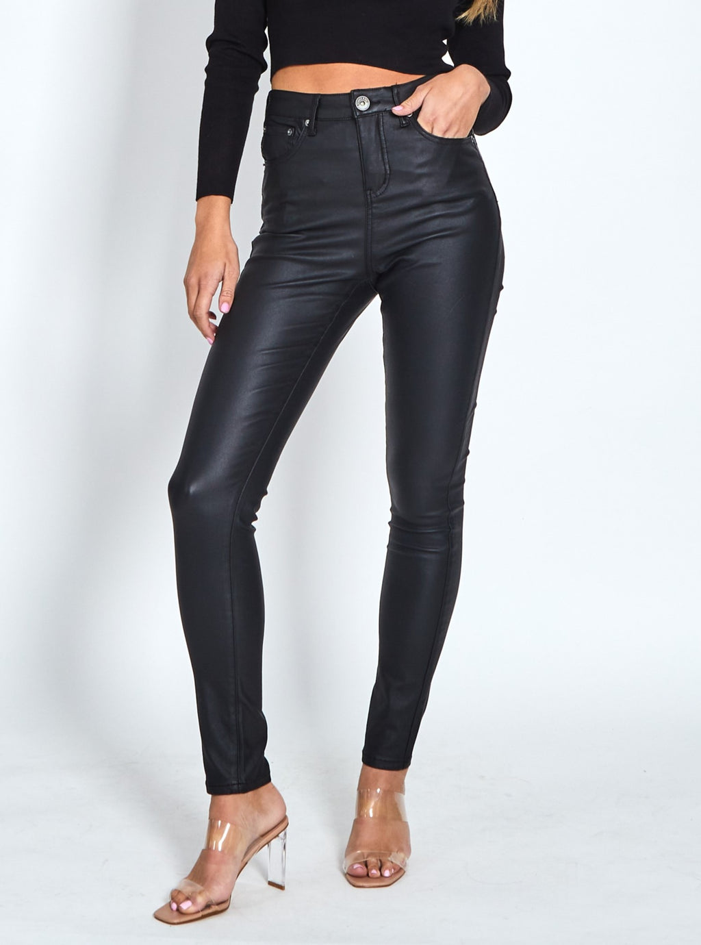 Black Wet Look PU PVC Faux Leather Coated Jeans – lexifashionuk